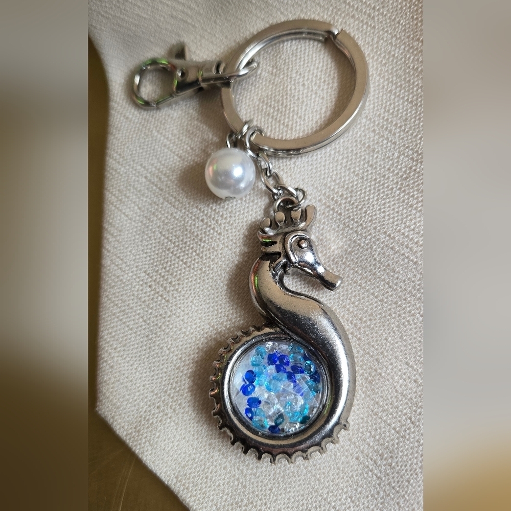 Silver Tone Vtg Seahorse Keychain/ Bag Charm  with Blue Crystal Accents - Picture 14 of 17